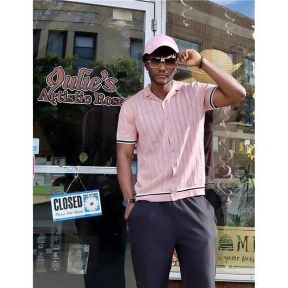 Men's Short Sleeve Knit Shirt Casual Button Down Shirt Vintage Striped - Picture 5 of 6